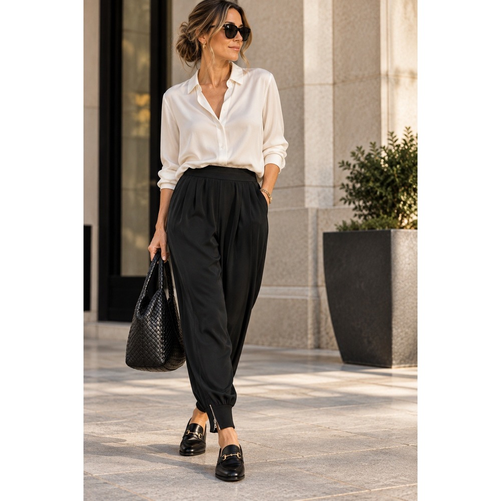 Eileen Fisher Black 100% Silk Jogger Pants Zipper Cuffs Small